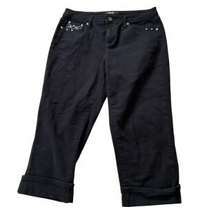 Earl Jean Black Embellished Rhinestone Cuffed‎ Crop Capri Pants Womens Size 10